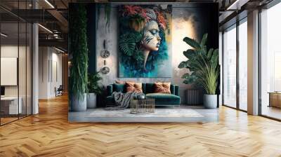 Modern loft interior living room design with plants - Generative AI illustration Wall mural