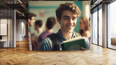 Young male student holding books in the school corridor - Generative AI illustration Wall mural