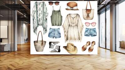 Watercolor Fashion Illustration. set of trendy accessories.The best summer. tunic, shorts, hat, sunglasses, bag, sandals, t-shirt Wall mural