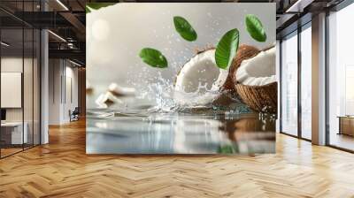 Fresh Halved Mature Coconuts with White Pulp, Coconut Water Dripping, Hydration and Nutrition, Used in Food and Beverage Industry, Beauty Products, and Pharmaceuticals. Wall mural