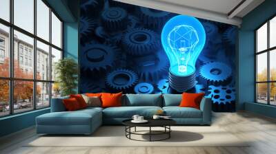 A blue light bulb glows, surrounded by gears, representing business ideas powered by AI. The design uses simple shapes and lines, creating a modern 3D look. Wall mural