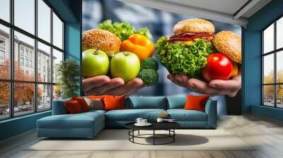 A concept highlighting the nutrition choice and diet dilemma, showing two hands holding different meal options: one with fresh fruits and vegetables for a healthy diet, and the other with greasy. Wall mural