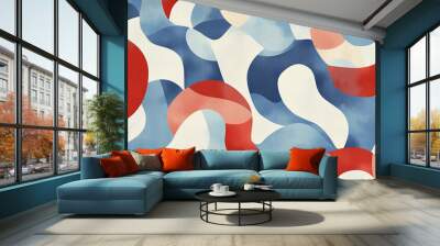 A design with light blue and red shapes that repeat, creating a pattern. It's perfect for window blinds or curtains, adding a modern touch to any room. Wall mural