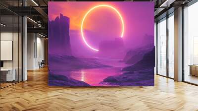 A digital painting depicting a purple golden hour with a vibrant bright ring. The scene features an orange-hued atmosphere, creating a fictional abstract realm. Futuristic concept art with a colorful  Wall mural