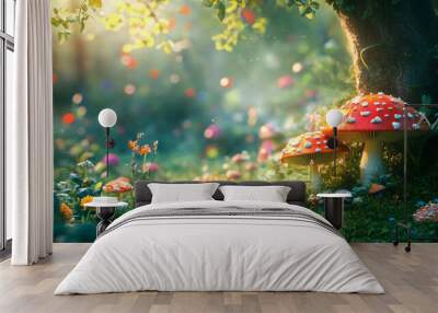 A fantastical, enchanting fairy meadow featuring mushrooms and a snail, set in a magical, fairytale forest. This elegant and artistic depiction highlights the beauty of nature in a mysterious natural  Wall mural