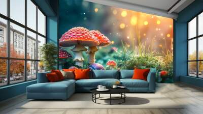 A fantastical, enchanting fairy meadow featuring mushrooms and a snail, set in a magical, fairytale forest. This elegant and artistic depiction highlights the beauty of nature in a mysterious natural  Wall mural