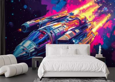 A pop art retro vector illustration depicting a futuristic outer space battle starship. The artwork features bold colors and dynamic lines, capturing the excitement and drama of an intergalactic confl Wall mural