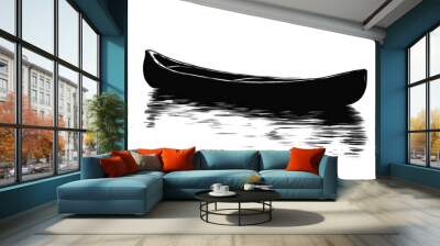 A simple, black and white image of a canoe on calm water. It's designed to look like an ink drawing and could be used as a logo for a water sports company. Wall mural