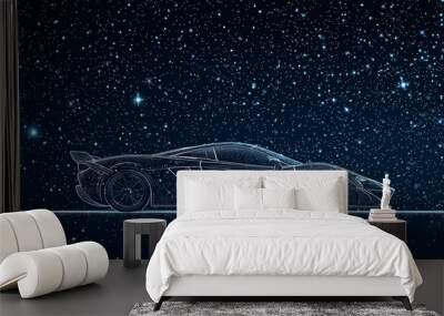 A simple drawing of a sports car against a night sky full of stars. This image is made using dots, lines, and stars. It's designed for business use. Wall mural