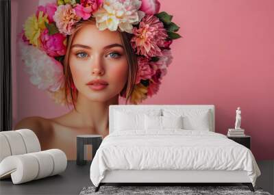 A spring floral portrait featuring a young, beautiful woman adorned with a wreath of colorful peonies and dahlias, set against a pink background. Wall mural