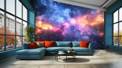 A stunning fantasy space sky showcases a dazzling array of stars and galaxies. The scene features vibrant nebulae, swirling cosmic dust, and clusters of luminous celestial bodies. Wall mural