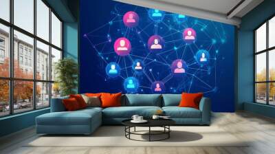 A vector illustration depicting a futuristic technology concept with icons representing world business, personal social networks, and recruitment connections. The design illustrates human resources. Wall mural