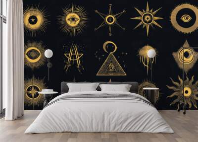 
A vector set of occult signs, including symbols from occultism, alchemy, and astrology. The collection features sacred and mystical emblems such as the magic eye, Masonic pyramid, Egyptian ankh cross Wall mural