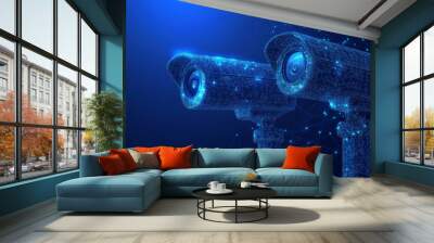 Abstract 3D illustration of two CCTV security cameras in blue. Represents concepts of surveillance technology, safety, smart home, or traffic monitoring. Features a low-poly vector image with dots. Wall mural