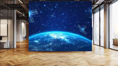 Abstract 3D satellites orbiting in space.Concept of global internet connectivity and satellite networks. Vector mesh depiction of satellites and Earth, resembling a star-filled sky. Low-poly wireframe Wall mural