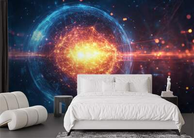 Abstract background featuring an energy sphere with bright glowing particles, resembling an atom of energy. The design conveys a scientific, futuristic, and high-tech aesthetic. Wall mural