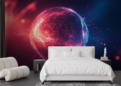 Abstract background featuring an energy sphere with bright glowing particles, resembling an atom of energy. The design conveys a scientific, futuristic, and high-tech aesthetic. Wall mural