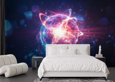 Abstract background featuring an energy sphere with bright glowing particles, resembling an atom of energy. The design conveys a scientific, futuristic, and high-tech aesthetic. Wall mural