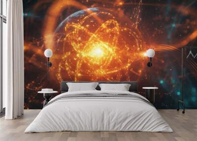 Abstract background featuring an energy sphere with bright glowing particles, resembling an atom of energy. The design conveys a scientific, futuristic, and high-tech aesthetic. Wall mural