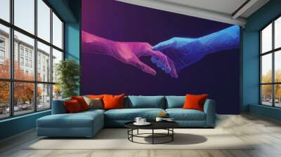 Abstract depiction of two people holding hands, with digital hand-holding in blue and purple tones against a dark violet background. Represents friendship and support through polygons and lines. Wall mural