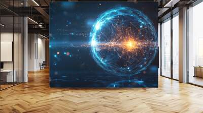 Abstract design showcasing an energy sphere with bright glowing particles, representing an atom of energy. The background has a scientific, futuristic, and high-tech feel. Wall mural