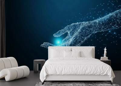 Abstract digital human hand reaching out to a glowing dot. Low-poly vector illustration set against a dark blue technological background. Features a light wireframe connection structure, representing  Wall mural