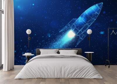 Abstract digital rocket launch above interconnected blocks on a blue technology background. Represents a futuristic cryptocurrency concept. Rendered in a low poly wireframe vector style with a polygon Wall mural