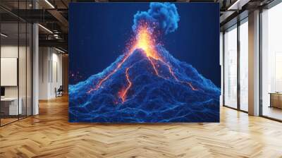 Abstract digital volcano with smoke and lava, set against a technology blue background. Features a volcanic eruption depicted in a low poly wireframe vector style with a 3D effect. Includes a polygona Wall mural