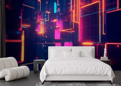 Abstract futuristic technological background featuring 3D objects in space against a dark blue backdrop. Neon glowing geometric shapes suspended in 3D space. Modern-style abstract tech banner. Wall mural