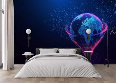 Abstract illustration of a data funnel with a globe Earth on a dark blue technology background. Represents a global network concept and big data theme. Features a low poly wireframe in a futuristic . Wall mural