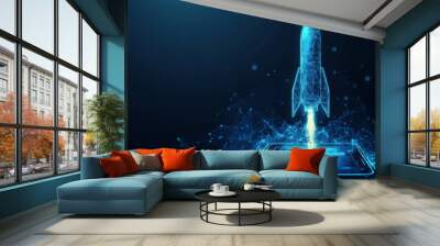 Abstract illustration of a rocket launch combined with a growth chart displayed on a smartphone screen, all in a light blue futuristic hologram style. Represents success in business and startups. Low  Wall mural