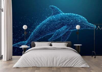 Abstract jumping dolphin in polygons against a technology blue background. Low poly wireframe marine life concept. Polygonal 3D vector illustration. Wall mural