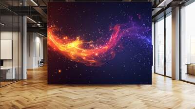 Abstract mesh of lines and points illustrating a bullet in a flames style, set against a dark background with an inscription. Represents business net speed within a starry sky or cosmic environment. Wall mural