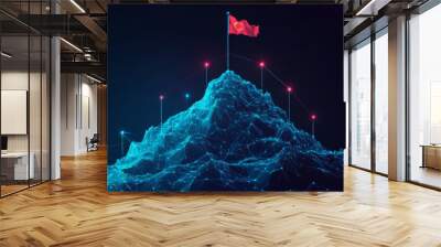 Abstract mountain with a flag and a path leading to the summit. Infographic displaying nine steps to success. Low poly wireframe vector illustration depicting a digital, futuristic journey to achieve. Wall mural