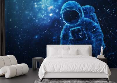 Abstract polygonal astronaut floating in outer space. A blue low-poly wireframe vector illustration set against a dark technology background. Features a starry sky with polygons, lines, particles. Wall mural