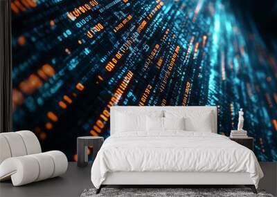 Abstract technology background featuring programming code, software development, and computer scripts. Includes HTML code and programming software elements. 3D illustration. Wall mural