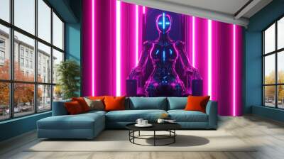 AI or artificial intelligence depicted as a female cyborg queen. Majestic robot woman sitting on a throne with a neon glow. Sci-fi illustration of an artificial intelligence computer neural network.  Wall mural