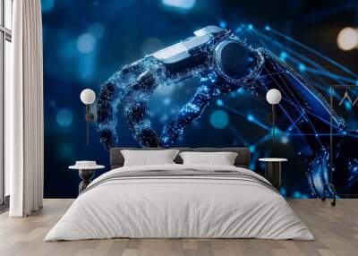 AI robot arm analyzing mathematical equations for automating innovation in the manufacturing process. Concept of robotics, virtual technology, and machine learning for future mechanized industry. Wall mural