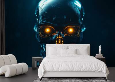 AI with a frightening face for Halloween. Robot head with a skull design and glowing eyes. Malevolent artificial intelligence depicted as a cyborg with an intense gaze. Tech-themed Halloween party . Wall mural