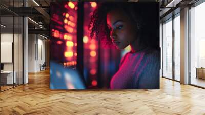 An engaging illustration of a Black woman IT support engineer working diligently in a dark server room filled with servers and network equipment. She is focused on her laptop, showcasing her expertise Wall mural