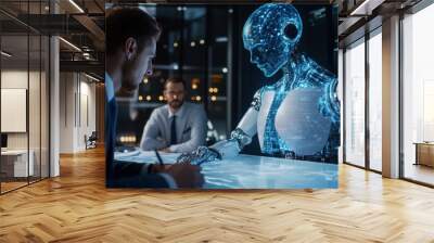 Artificial intelligence training business employees. Robot with an artificial brain linked to a neural network for analyzing business data. Businesspeople in a meeting discussing strategy. Wall mural