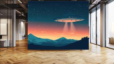 Background featuring an alien spaceship or UFO, depicted in a vector illustration. Wall mural