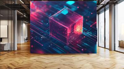 Big data storage technology featuring an abstract data cube background. Modern technology banner showcasing information servers and data science algorithms in vector illustration. Wall mural