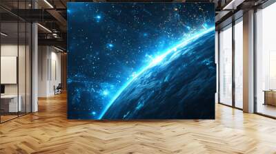 Black and blue tech futuristic background. Abstract vector design featuring a sunrise, satellites, and rockets in Earth's orbit. Includes plasma clots of energy, glowing rays, and flickering particles Wall mural