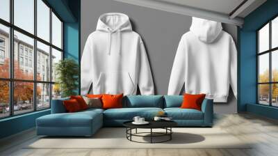 Blank sweatshirt mock-up template featuring front and back views, isolated on a grey background. Includes plain white hoodie mockup for design presentation. Suitable for print on jumpers and sweaters Wall mural