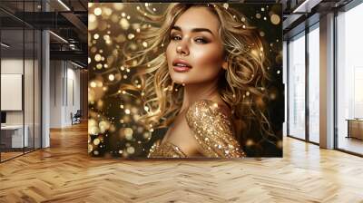 Blond woman wearing a sparkling gold dress, with perfect makeup and curly hair. Wall mural