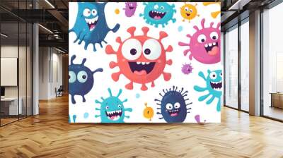 Cartoon vector characters of bacteria, microbes, and viruses with amusing faces. These cute pathogens include smiling microbes, bacteria, and coronaviruses with large eyes, and cells featuring teeth a Wall mural