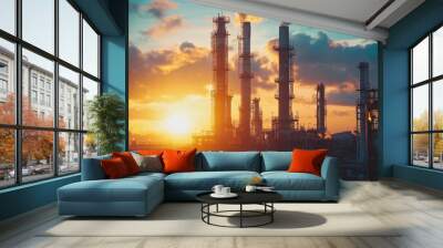 Close-up industrial view of an oil refinery plant in an industrial zone, with sunrise and cloudy sky in the background. Wall mural