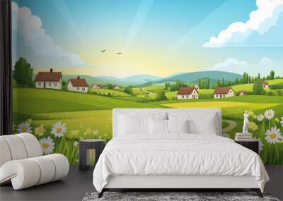 Countryside village landscape featuring rural scenery with meadow pastures and green grass field hills. Vector illustration in a flat style. Wall mural