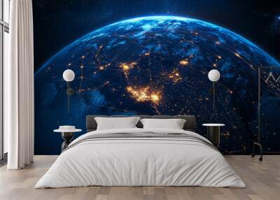 Earth at night from space with illuminated lines of communication and connectivity. Concept of business and finance. Global communication network and the World Wide Web. Technologies and connectivity. Wall mural